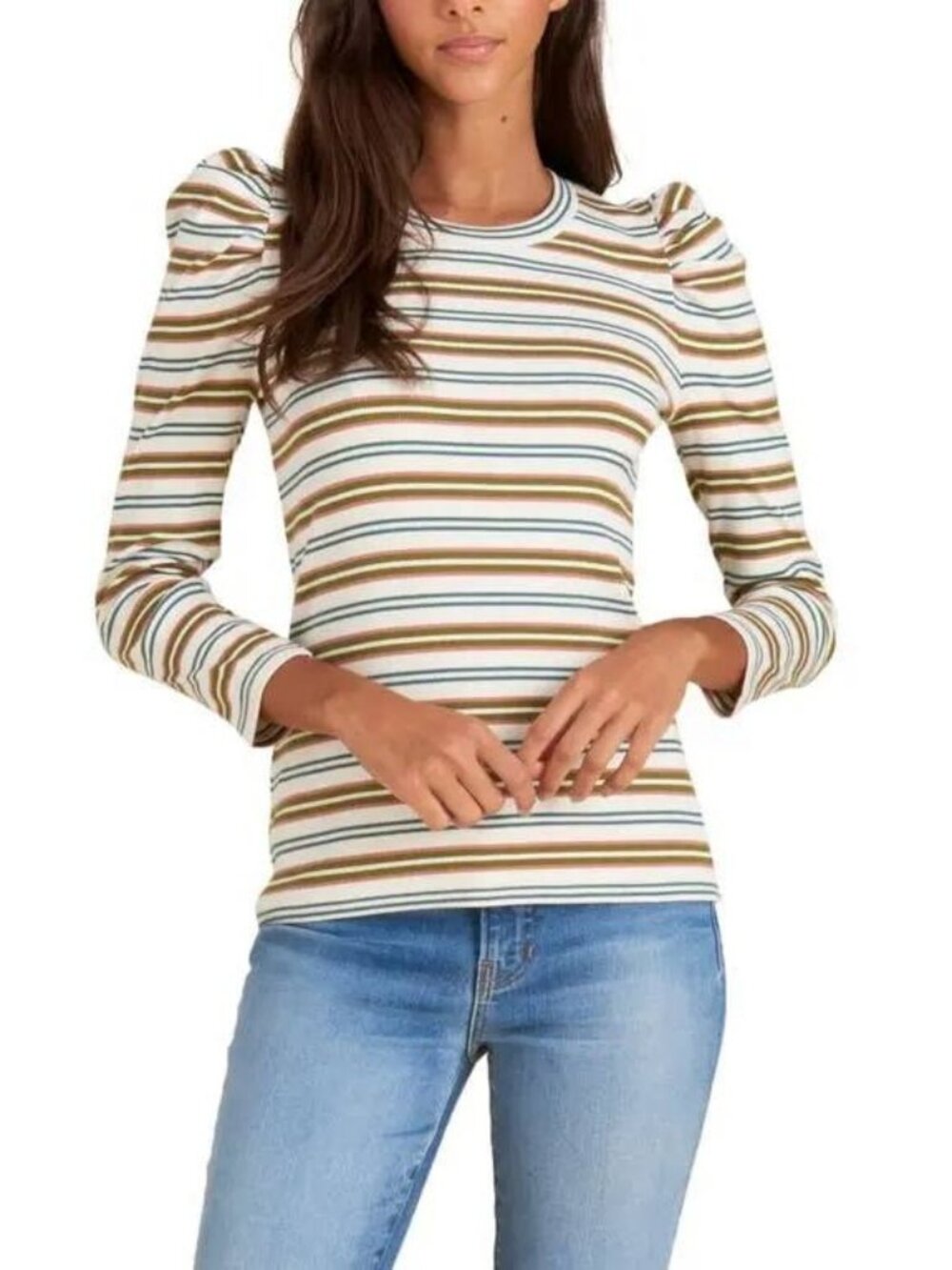 VERONICA BEARD Britney Stripe Puff Sleeve Stretch Cotton Top Green Pink Large